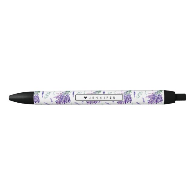 Caneta Preta Buquê Floral de Lavanda de Aquarela Personalizado (Frente)