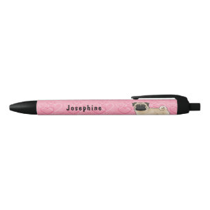 Caneta Preta Cachorro Pug Cor de Veado Padrão de Corações Rosa 