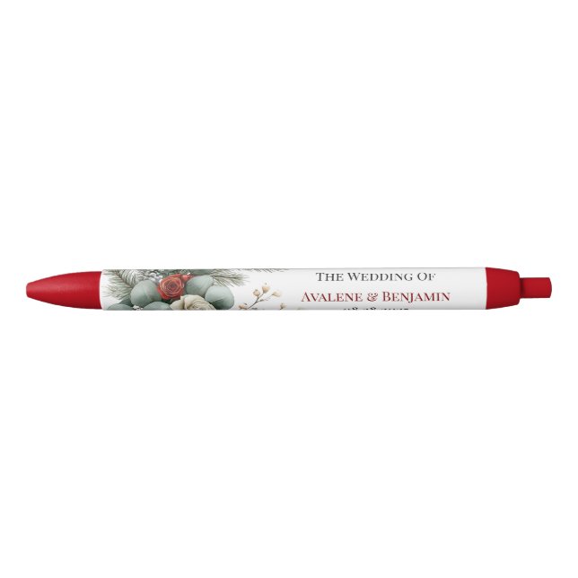 Caneta Preta Casamento de Rosa de Natal Vermelho Branco Floral (Frente)