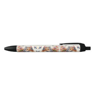 Caneta Preta Cat Lovers Calico Cat Escrevendo Floral