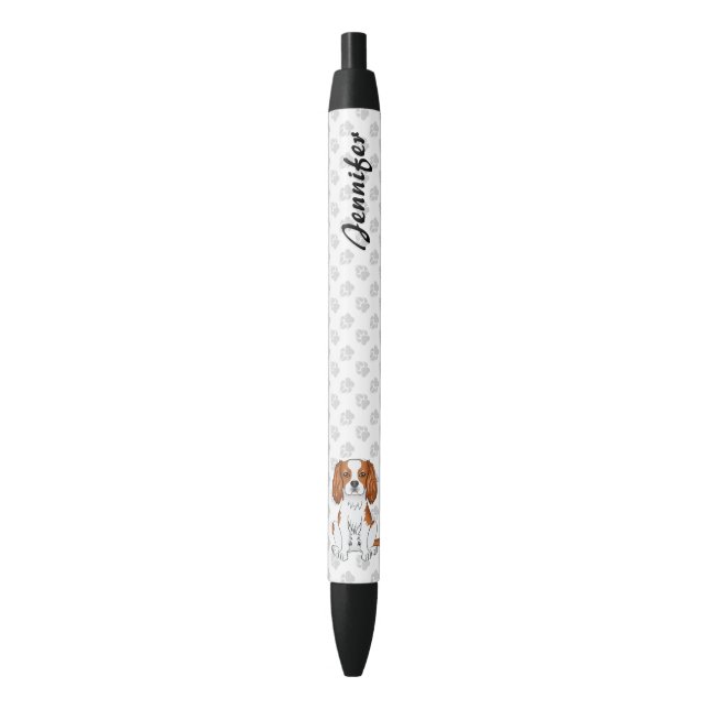 Caneta Preta Cavalier King Charles Spaniel Blenheim & Nome (Frente Vertical)