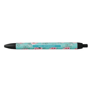Caneta Preta Cerceta Chic Watercolor Floral Personalizado