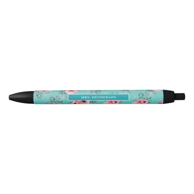 Caneta Preta Cerceta | Chic Watercolor Floral Personalizado (Frente)