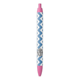 Caneta Preta Chevron Azul, Monograma Personalizado Floral da Ci