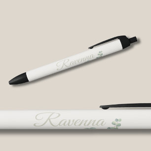 Caneta Preta Chic Eucalipto Sálvia Marfim Nome Personalizado