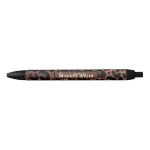 Caneta Preta Chic Luxury Personalize Nome Dourado Glitter Leopa