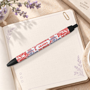 Caneta Preta Chinoiserie Vintage Delft Vermelho Azul monograma