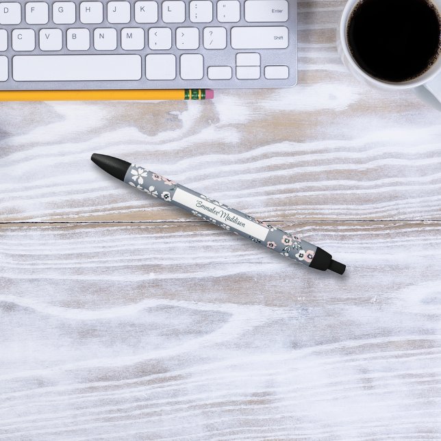 Caneta Preta Cinza Rosa Branco Boêmia Floral Ditsy Monograma (Criador carregado)