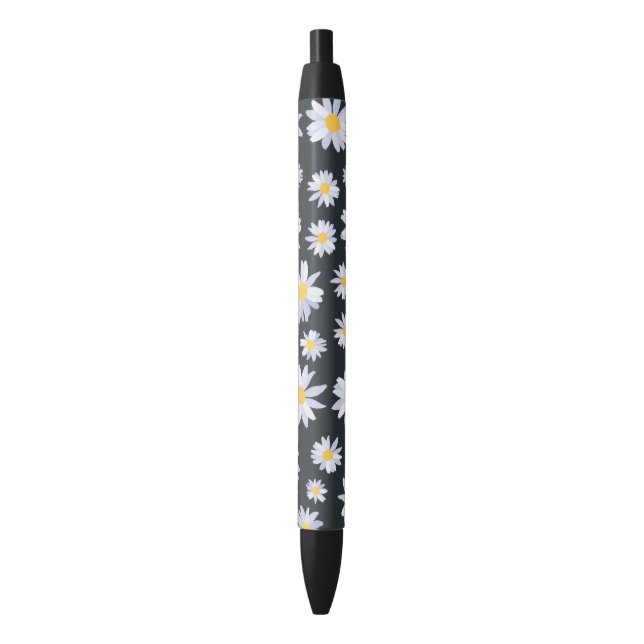 Caneta Preta Classy White Daisy Flowers Botanical (Frente Vertical)