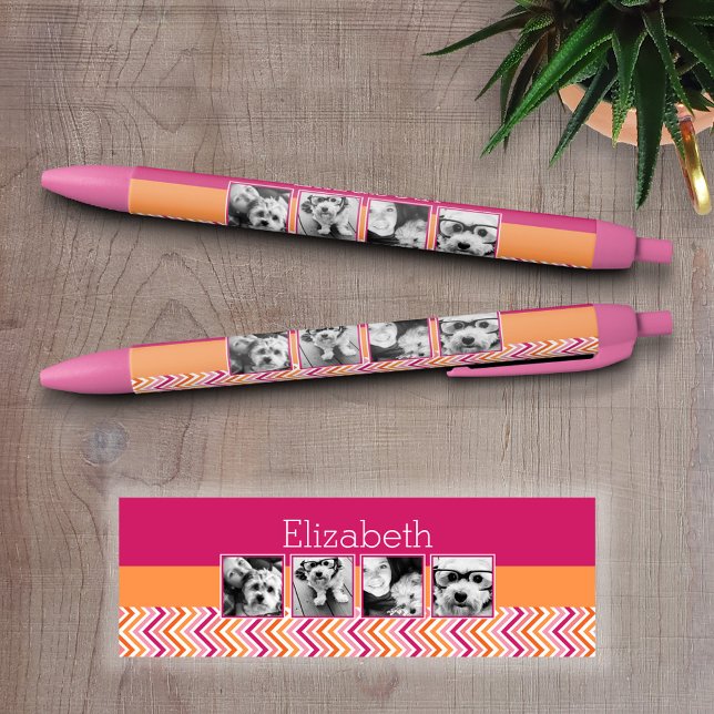 Caneta Preta Colagem de Fotografias do Instagram - Laranja Rosa (Personalized Writing Pen with Photos and Text - Custom Pens)