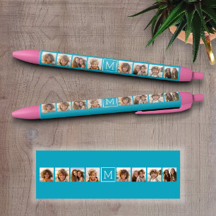 Caneta Preta Colagem de Fotos Aqua Blue com Monograma Personali
