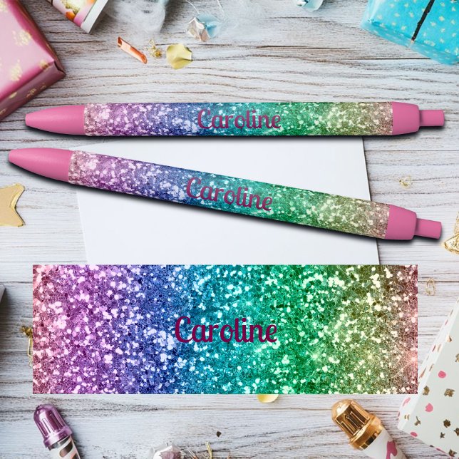 Caneta Preta Colorful Rainbow Glitter Custom Name (Criador carregado)