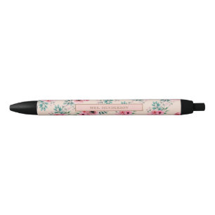 Caneta Preta Cor-de-rosa   Chic Watercolor Floral Personalizado