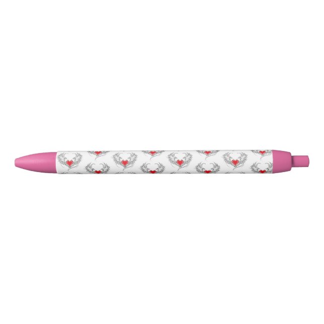 Caneta Preta Coração Anjo Vermelho com asas (Frente)