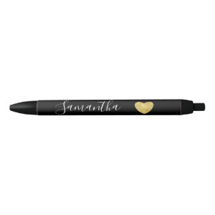 Caneta Preta Coração Dourado preto e branco nome personalizad