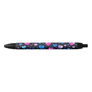 Caneta Preta Corações Cor-de-Rosa e Azuis Brilhantes