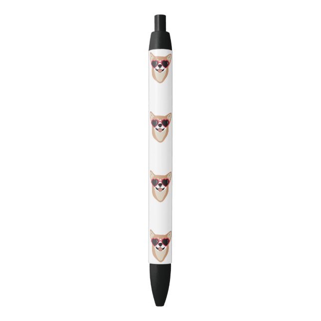 Caneta Preta Corgi Sorridente Com Óculos De Sol (Frente Vertical)