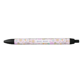 Caneta Preta Coruja Rosa Pastel  