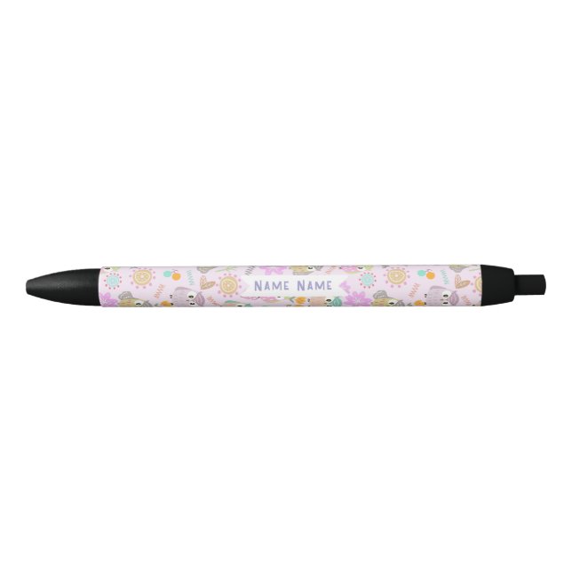 Caneta Preta Coruja Rosa Pastel   (Frente)