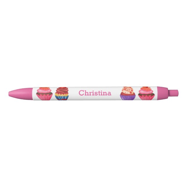 Caneta Preta Cupcakes Cute Nome Personalizado Cor-de-Rosa Canet (Frente)