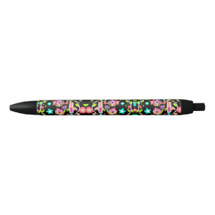 Caneta Preta Cute crânio floral colorido