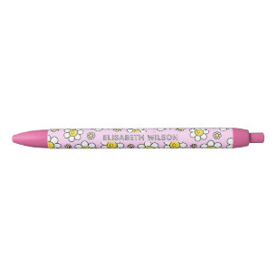 Caneta Preta Cute Smiley Chamomile Flower Script Name Monograma
