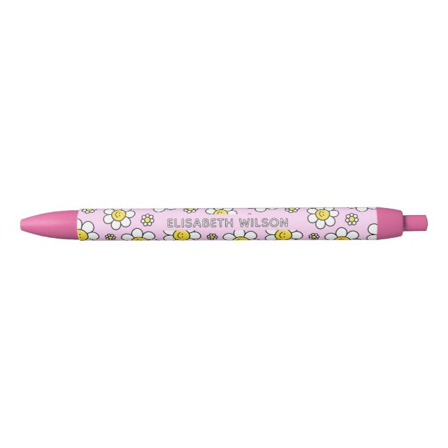 Caneta Preta Cute Smiley Chamomile Flower Script Name Monograma (Frente)