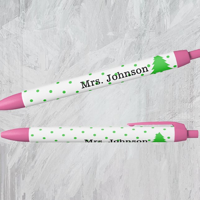 Caneta Preta Cute Teacher Name, Green Polka Dots, Tree (Criador carregado)