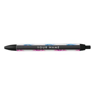 Caneta Preta Dália Rosa e Azul, Padrão Floral, Seu Nome
