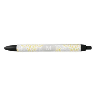 Caneta Preta Damasco floral cinzento amarelo Monogrammed