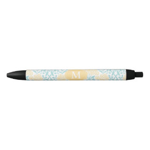 Caneta Preta Damasco floral Monogrammed do amarelo e do Aqua
