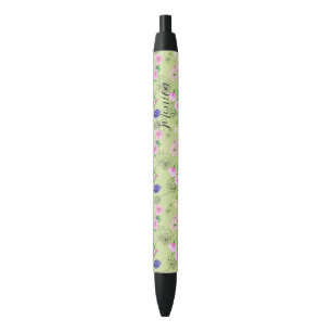 Caneta Preta Delicar flores silvestres em aquarelas verdes