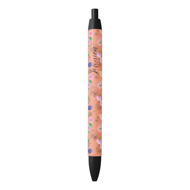 Caneta Preta Delicar flores silvestres em laranja (Frente Vertical)