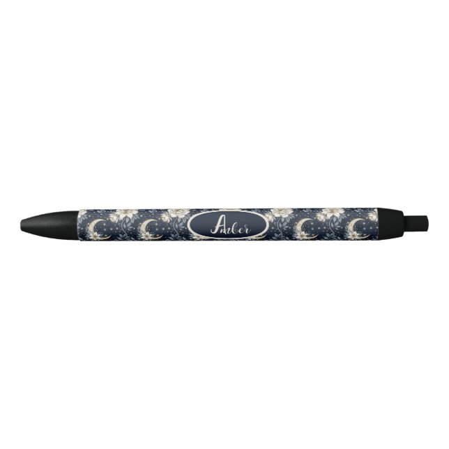 Caneta Preta Desenho Floral Celestial de Meia-Noite & Lua Cresc (Frente)