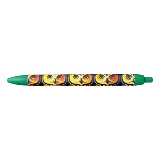 Caneta Preta Design de Padrão de Coruja Vibrante (Frente)