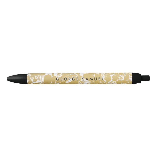 Caneta Preta Design Floral Dourado Elegante (Frente)