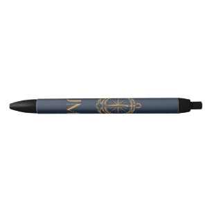 Caneta Preta Design náutica com bússola e âncora de ouro