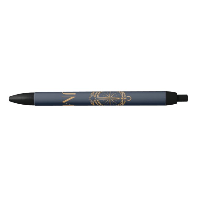Caneta Preta Design náutica com bússola e âncora de ouro (Frente)