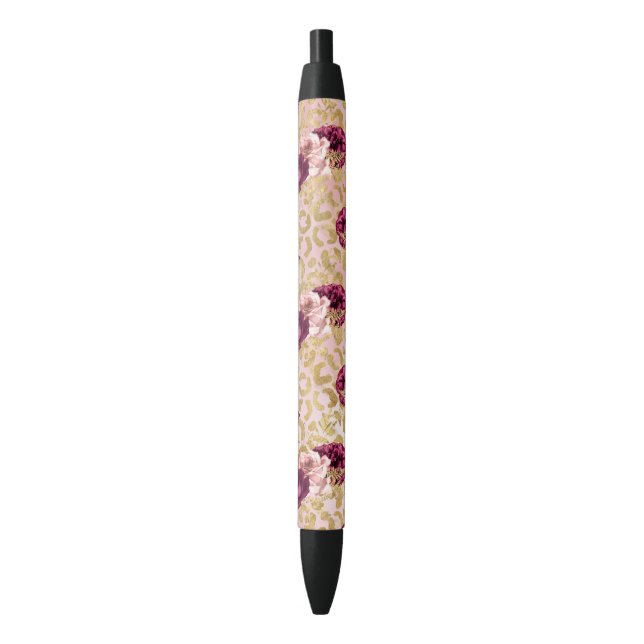 Caneta Preta Dourada Leopardo Imprime Rosas Rosa Florais P (Frente Vertical)