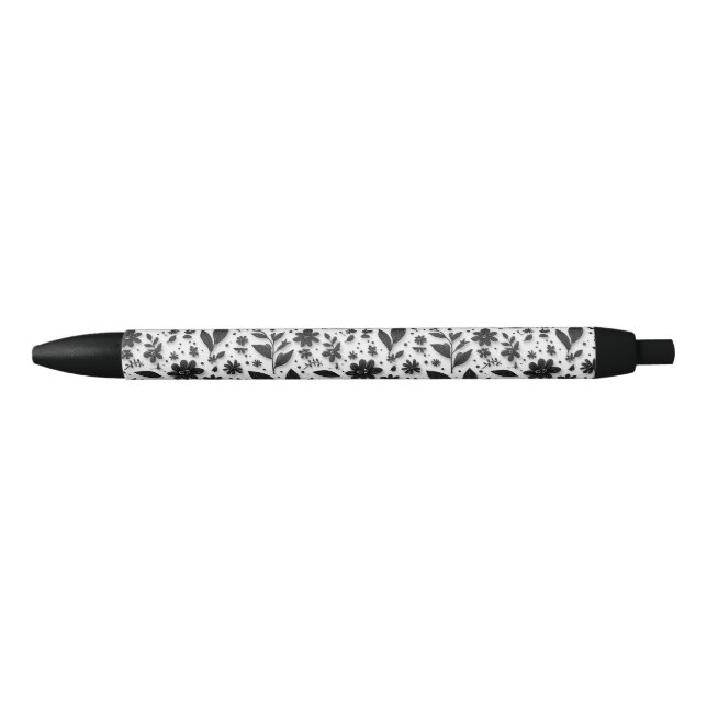 Caneta Preta Elegância Floral Monocromática Escrita com Estilo (Frente)