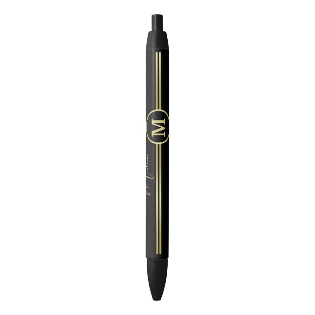 Caneta Preta Elegant Gold Signature Monogram on Black (Frente Vertical)
