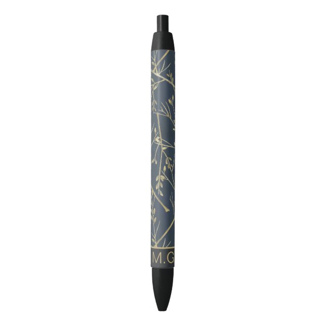 Caneta Preta Elegant Nature Branches Pattern Blue Monogram (Frente Vertical)