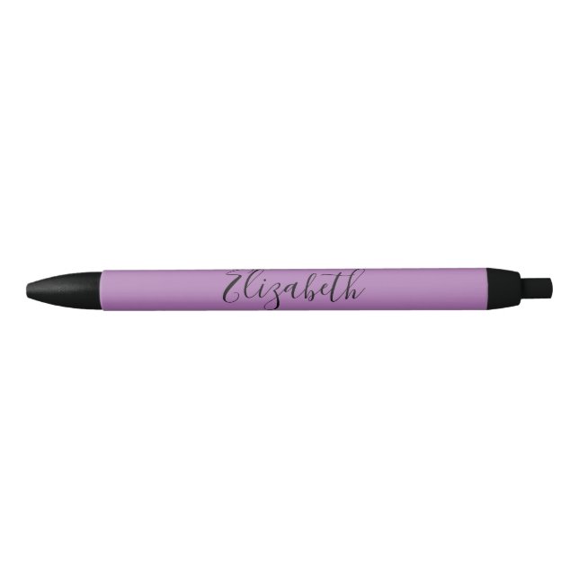 Caneta Preta Elegante Lavanda e Nome em Texto Preto Script (Frente)