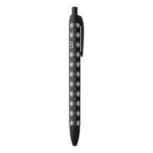 Caneta Preta Elegante Monograma com Padrão Preto e Branco Ornam