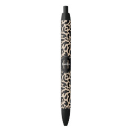 Caneta Preta Elegante Monograma Estampa de Leopardo
