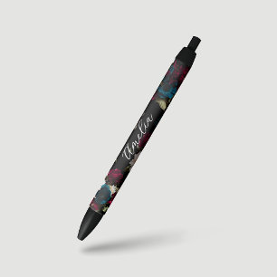 Caneta Preta Elegante Monograma Floral Turquesa Escuro Vermelho
