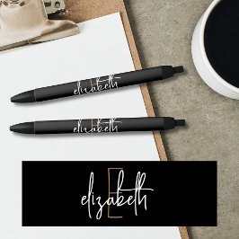 Caneta Preta Elegante Monograma Preto Dourado Script