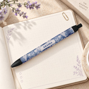 Caneta Preta Elegante Monograma Toile de Jouy Azul Damasco Fran