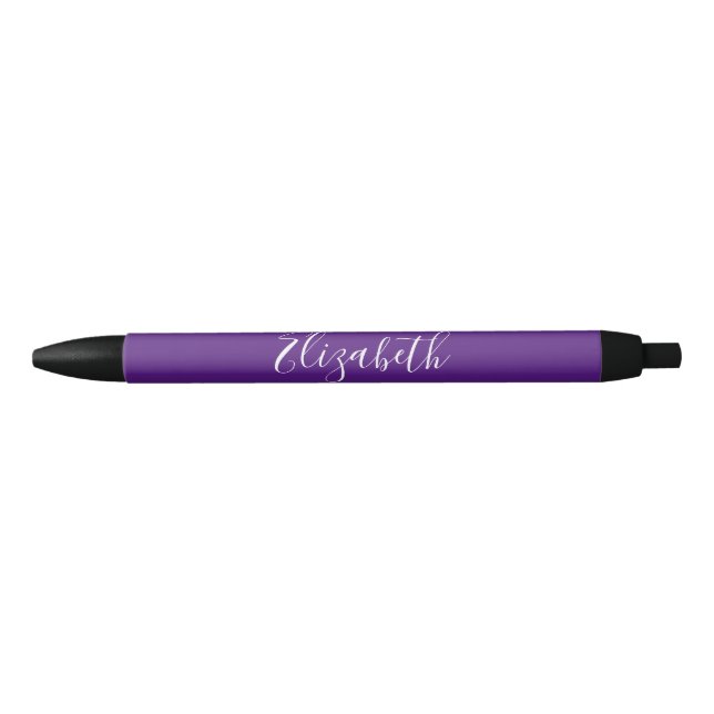 Caneta Preta Elegante Nome em Texto Script Roxo Real e Branco (Frente)