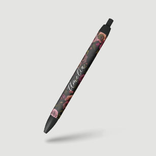 Caneta Preta Elegante Rosa Escuro Borgonha Floral Botânico